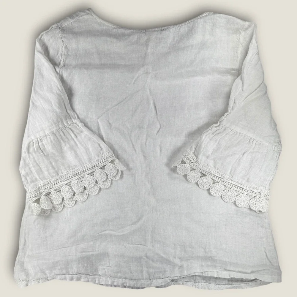 Terzo Millennio Blouse‎ Top M White 100% Linen Made in Italy Bell Sleeve Crochet - Picture 6 of 6